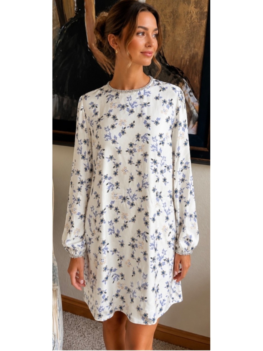 Sandro Paris Floral Mini Dress Size 40/M White Blue Beaded Neckline Floral